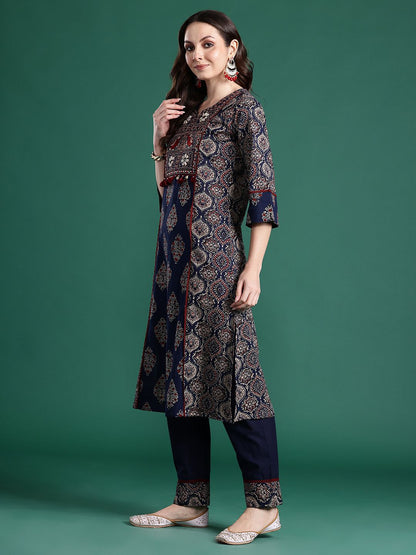 Dhiyona IE Ethnic Motifs Printed Panelled Mirror Work Pure Cotton Kurta Set