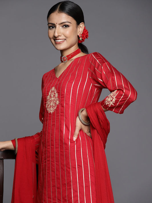 Dhiyona VA Women's Red Floral Embroidered Kurta with Trousers & With Dupatta