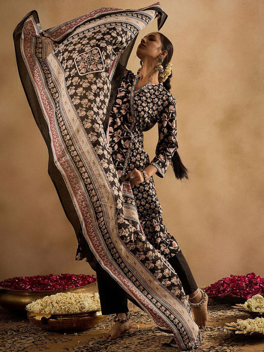 Dhiyona IE Floral Printed Angrakha Pure Cotton A-Line Kurta With Trousers & Dupatta