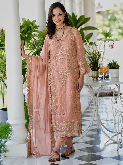 Dhiyona IE Ethnic Motifs Embroidered Sweetheart Neck Straight Kurta With Trousers & Dupatta