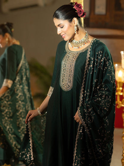 Ethnic Motifs Embroidered Regular Anarkali Kurta With Trousers & Dupatta