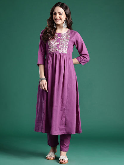 Dhiyona IE Floral Embroidered Pure Cotton Kurta with Trousers
