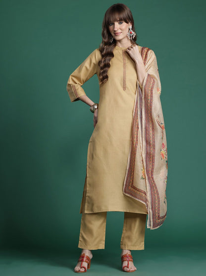 Yoke Design Thread Work Kurta With Trousers & Dupatta