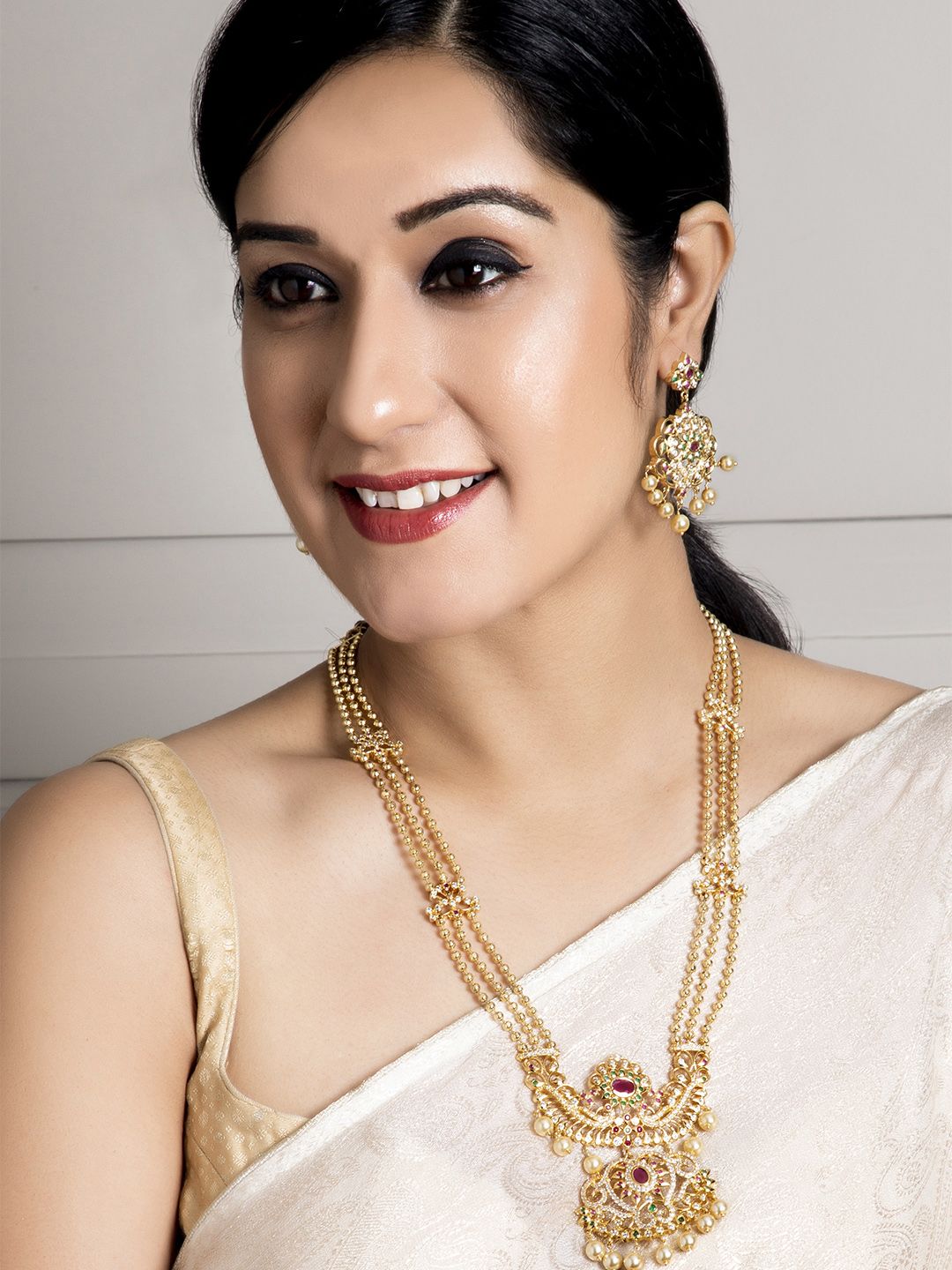 Dhiyona RJ Women's 22K Gold-Plated Ruby & CZ Studded Multistand Jewellery Set with Pearl Accents