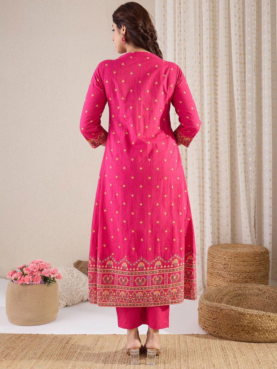 Dhiyona IE Floral Printed Pure Cotton Round Neck A-Line Tunic With Trousers Co-Ords