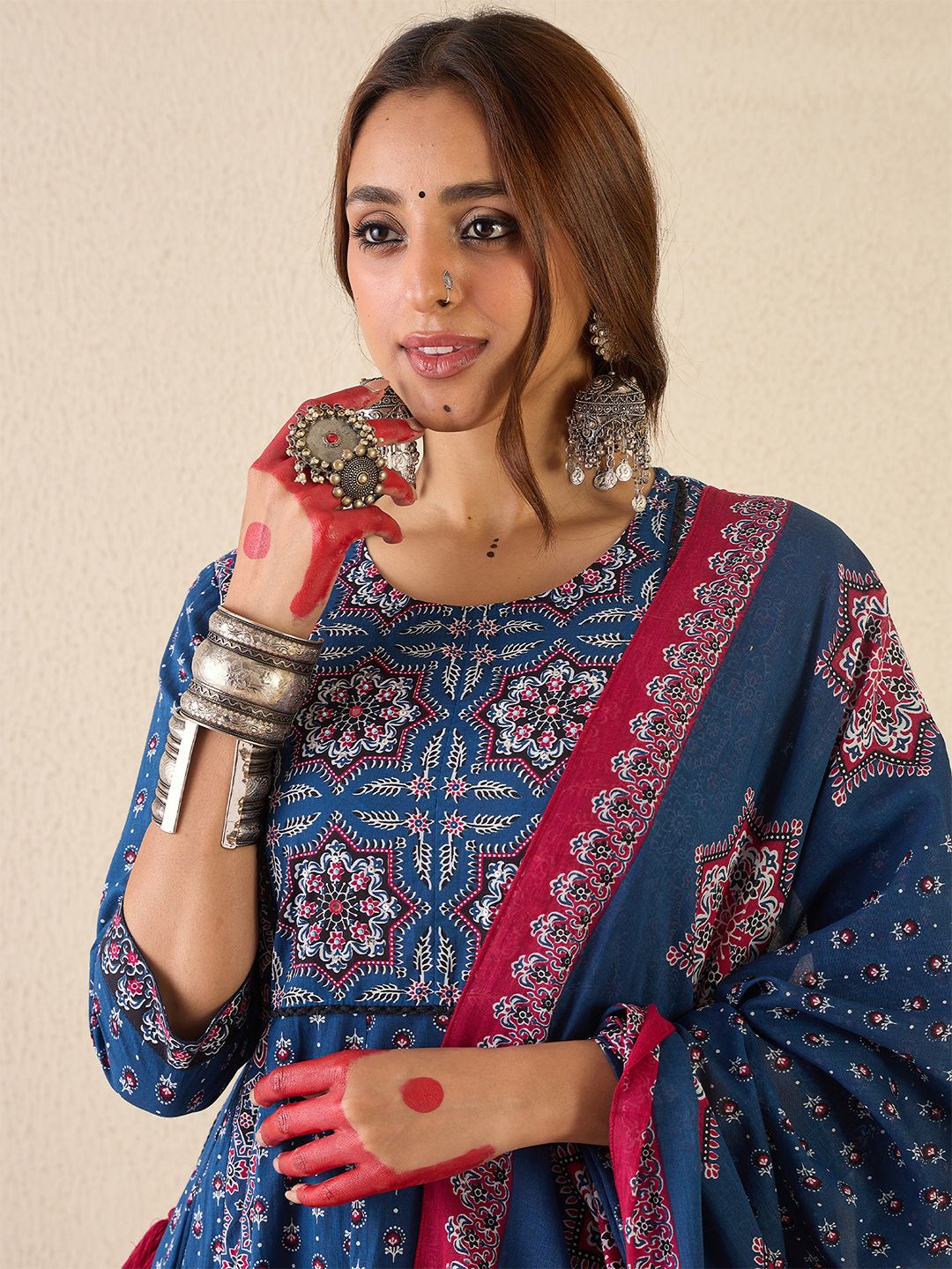 Ethnic Motifs Printed A Line Pure Cotton Kurta With Trousers & Dupatta