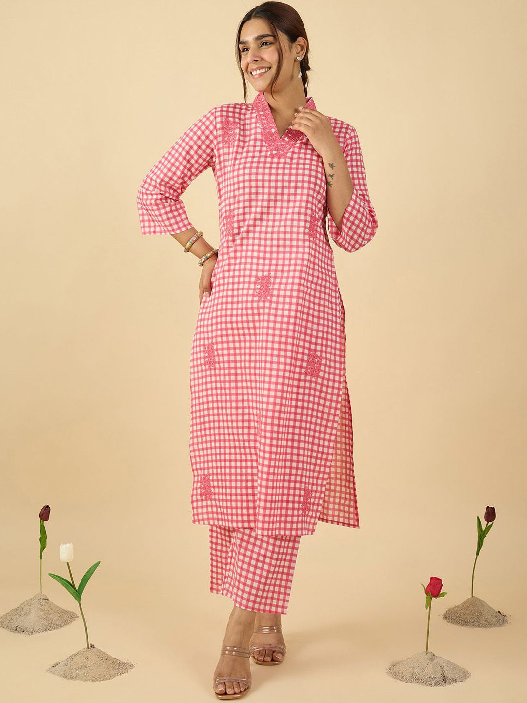 Checked V Neck Thread Work Pure Cotton Straight Kurta With Trousers