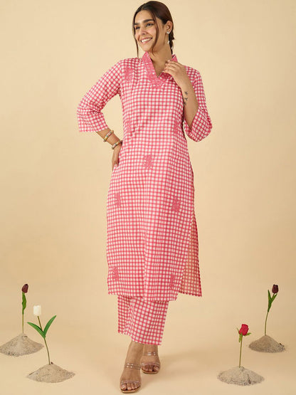Checked V Neck Thread Work Pure Cotton Straight Kurta With Trousers