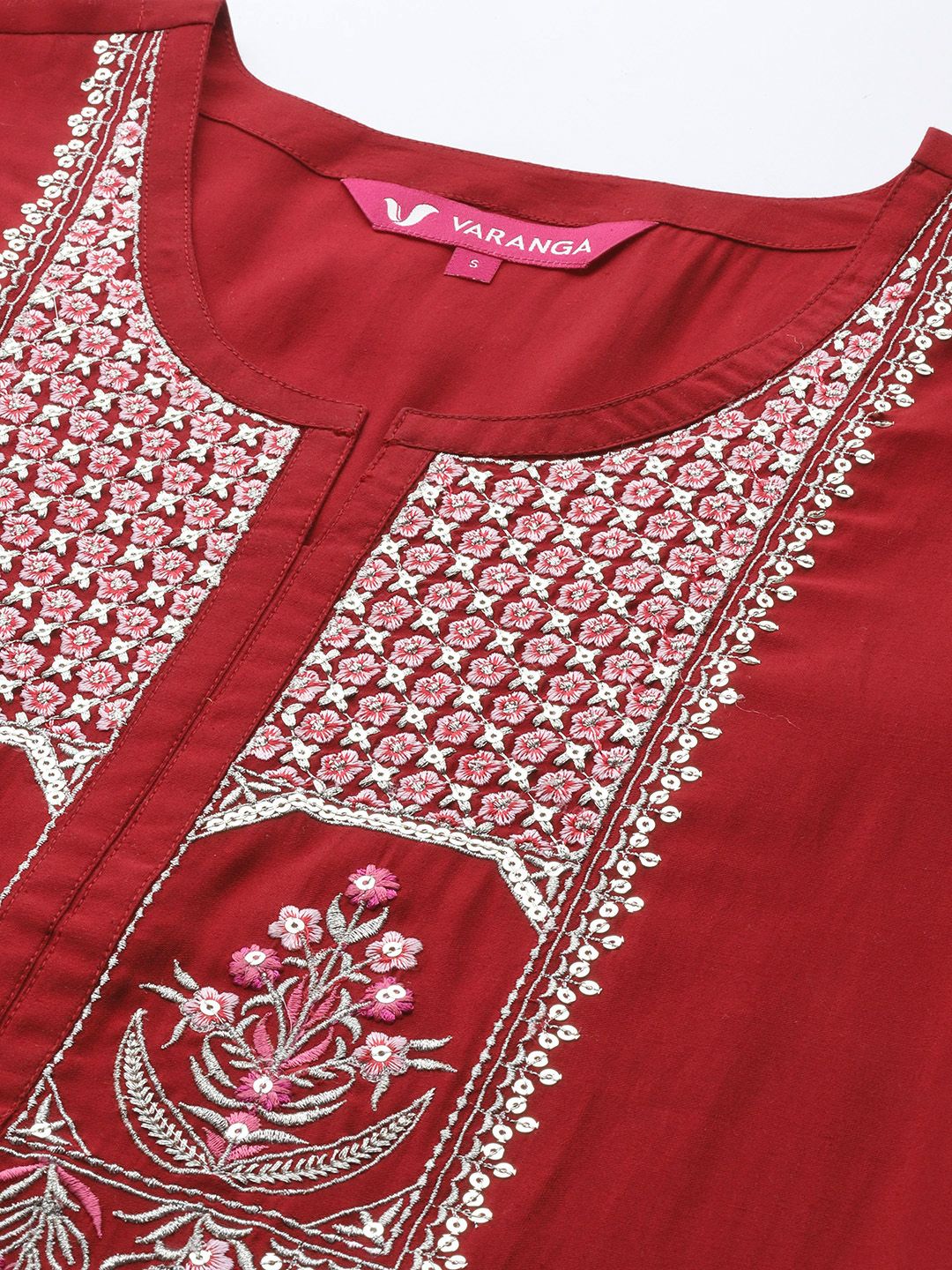 Dhiyona VA Women's Red Floral Embroidered Sequinned Kurta with Trousers & With Dupatta