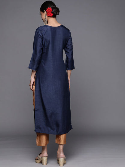Dhiyona IE Women Navy Blue & Golden Yoke Design Kurta