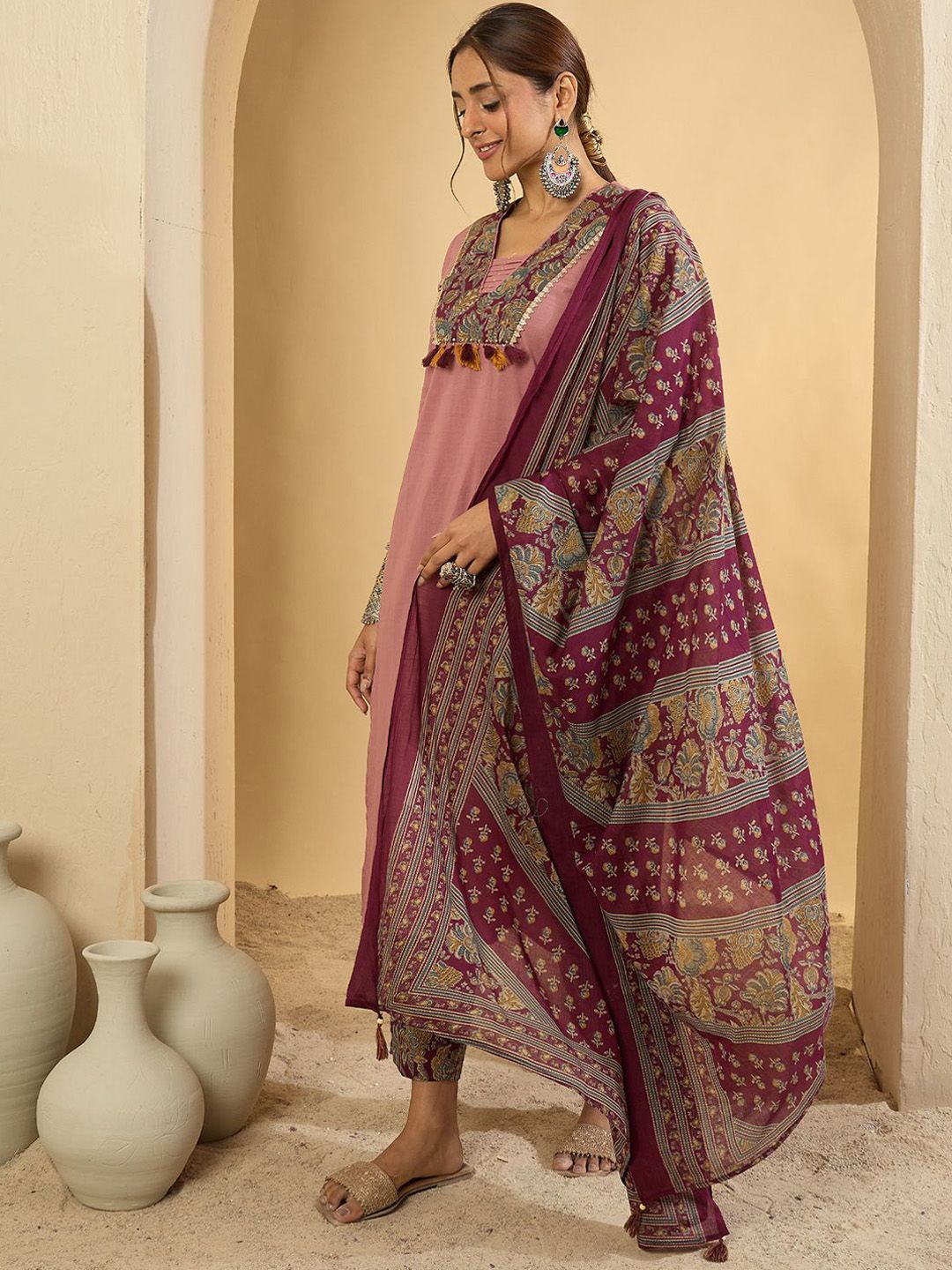 Dhiyona IE Floral Yoke Design V-Neck Pure Cotton Straight Kurta With Trousers & Dupatta