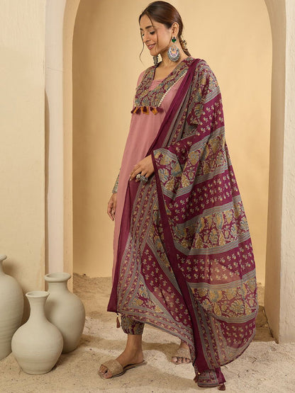 Dhiyona IE Floral Yoke Design V-Neck Pure Cotton Straight Kurta With Trousers & Dupatta