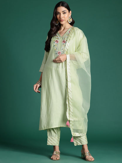 Dhiyona IE Floral Embroidered Thread Work Kurta With Trousers & Dupatta