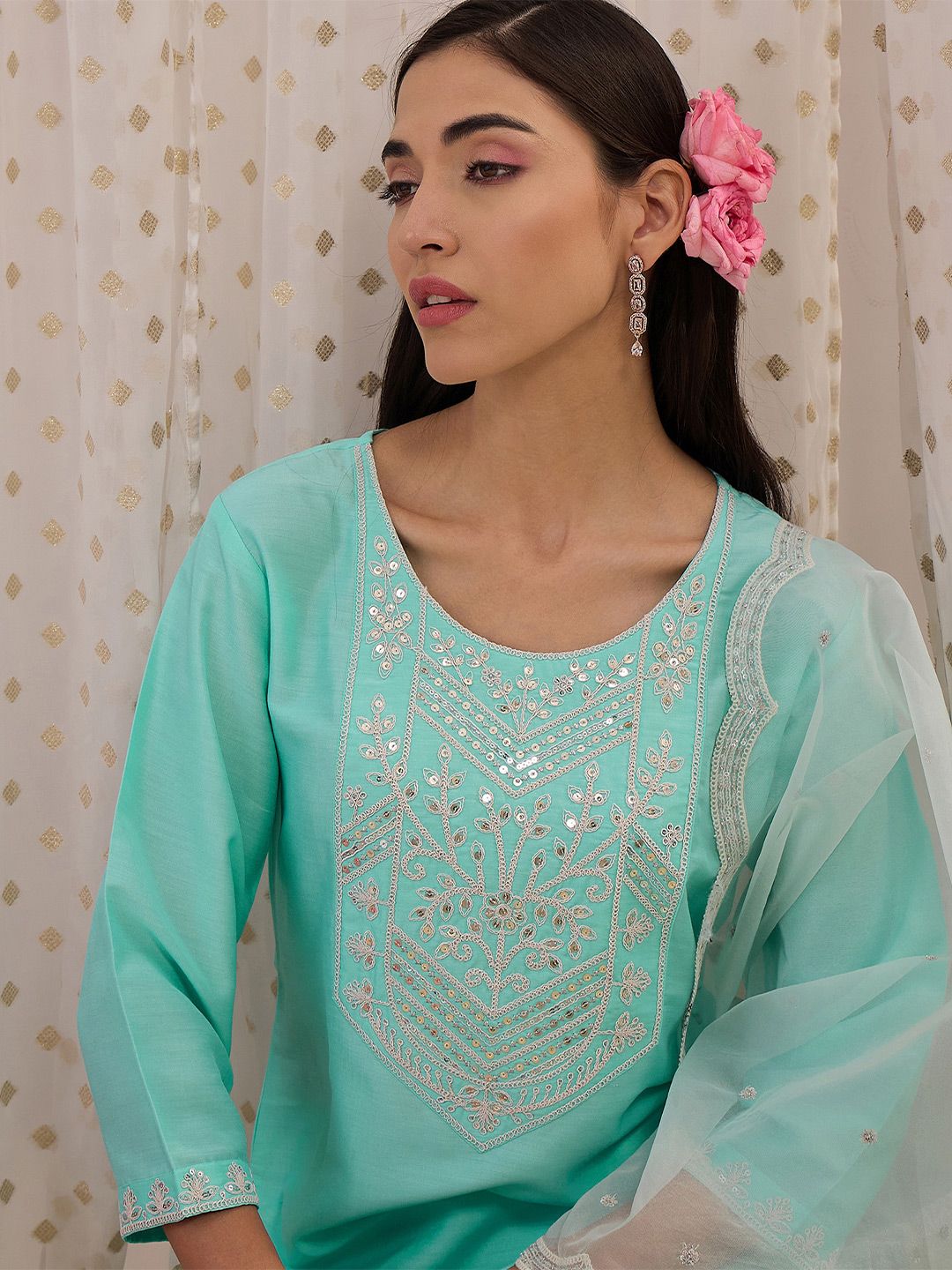 Floral Embroidered Sequinned Straight Kurta With Trousers & Dupatta