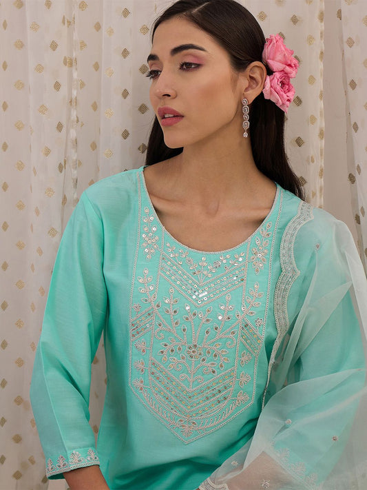Floral Embroidered Sequinned Straight Kurta With Trousers & Dupatta