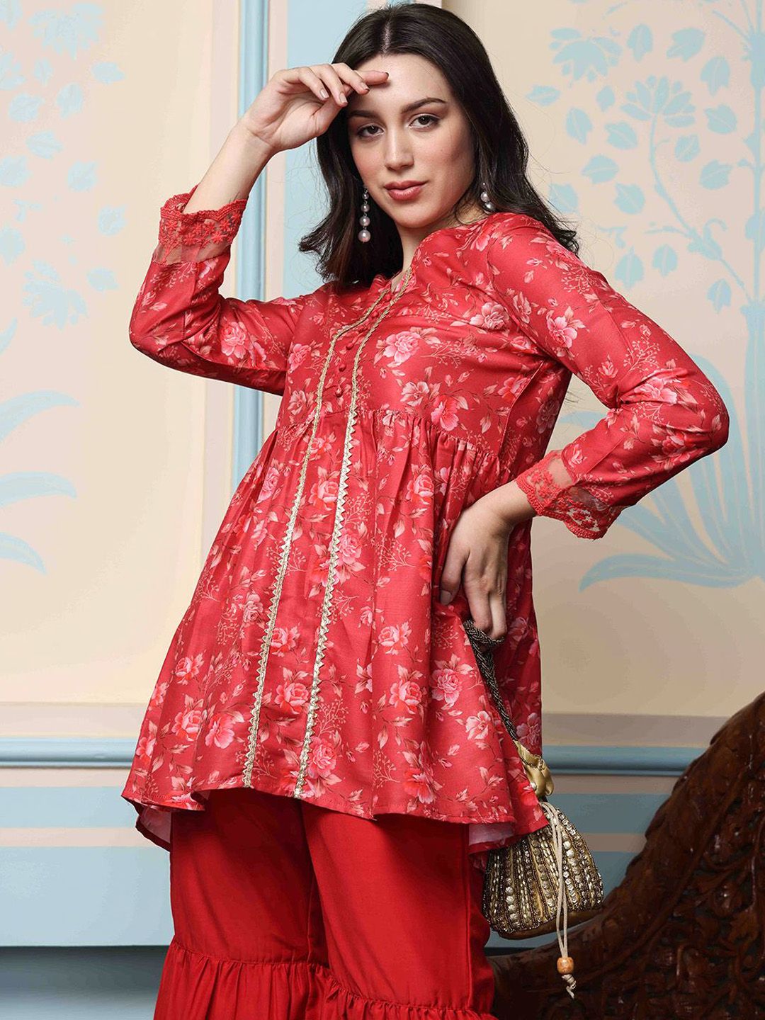 Dhiyona IS Women's Maroon Floral Printed V-Neck Gotta Patti A-Line Kurti With Sharara