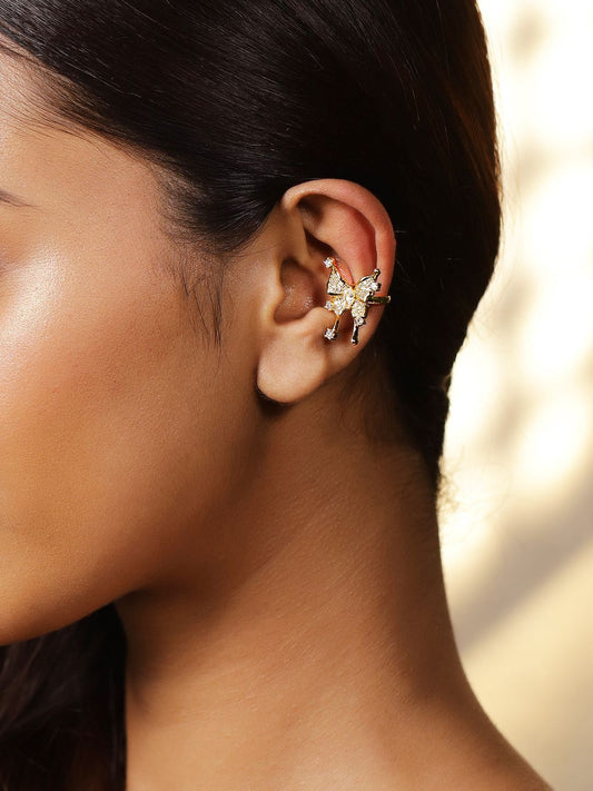 Dhiyona RJ Women's Voguish 18K Gold Plated Cubic Zirconia Studded Butterfly Design Statement Ear Cuff