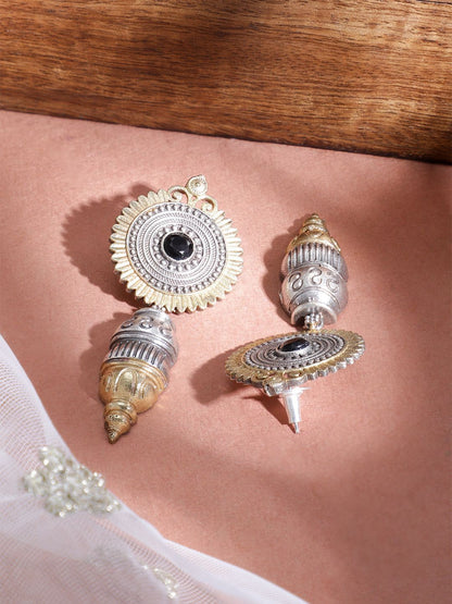 Dhiyona RJ Women's Oxidized Rhodium Plated Silver Tone Black Stone Studded Classic Drop Earrings