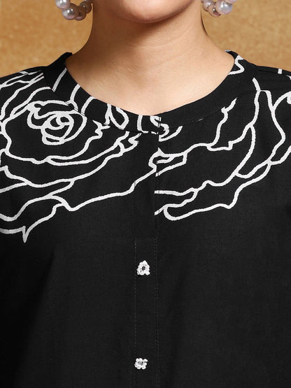 Dhiyona VA Women'sFloral Printed Mandarin Collar A-Line Pure Cotton Kurta With Trousers