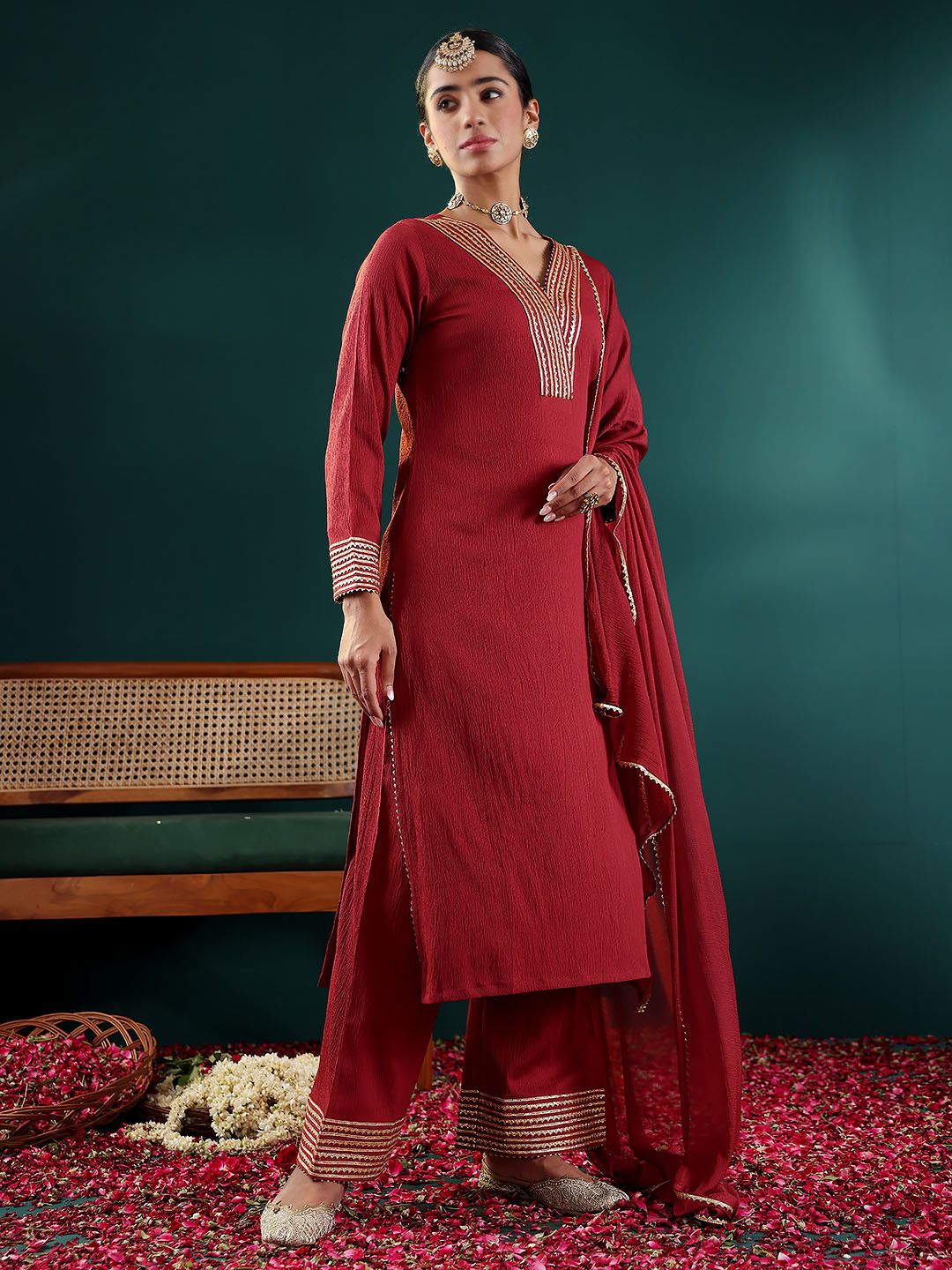 Dhiyona VA Women'sMaroon V-Neck Regular Gotta Patti Silk Crepe Kurta With Trouser With Dupatta