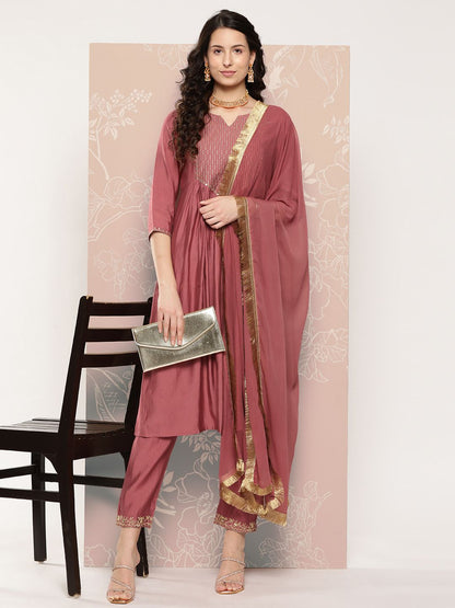 Dhiyona VA Women's Embroidered Empire Kurta with Trousers & With Dupatta