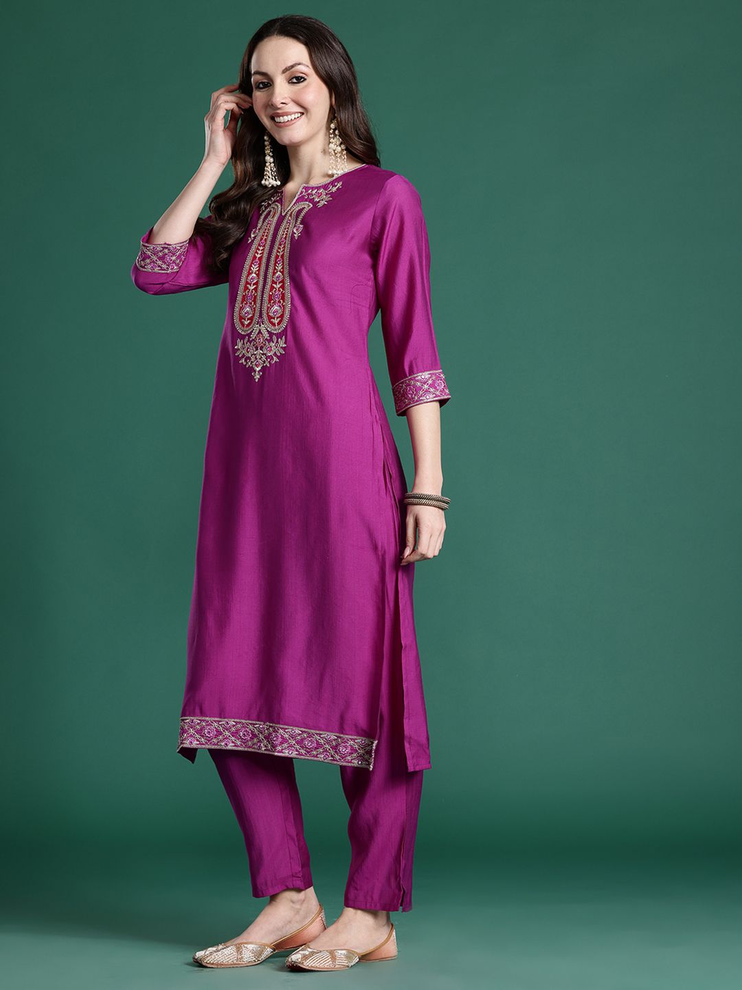 Paisley Embroidered Sequinned Kurta with Trousers & With Dupatta