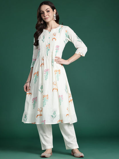 Dhiyona IE Floral Printed Pleated Pure Cotton Kurta with Trousers