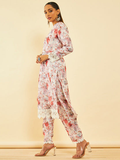 Dhiyona SO Women's Floral Printed Mandarin Collar Three-Quarter Sleeves Kurta with Trousers