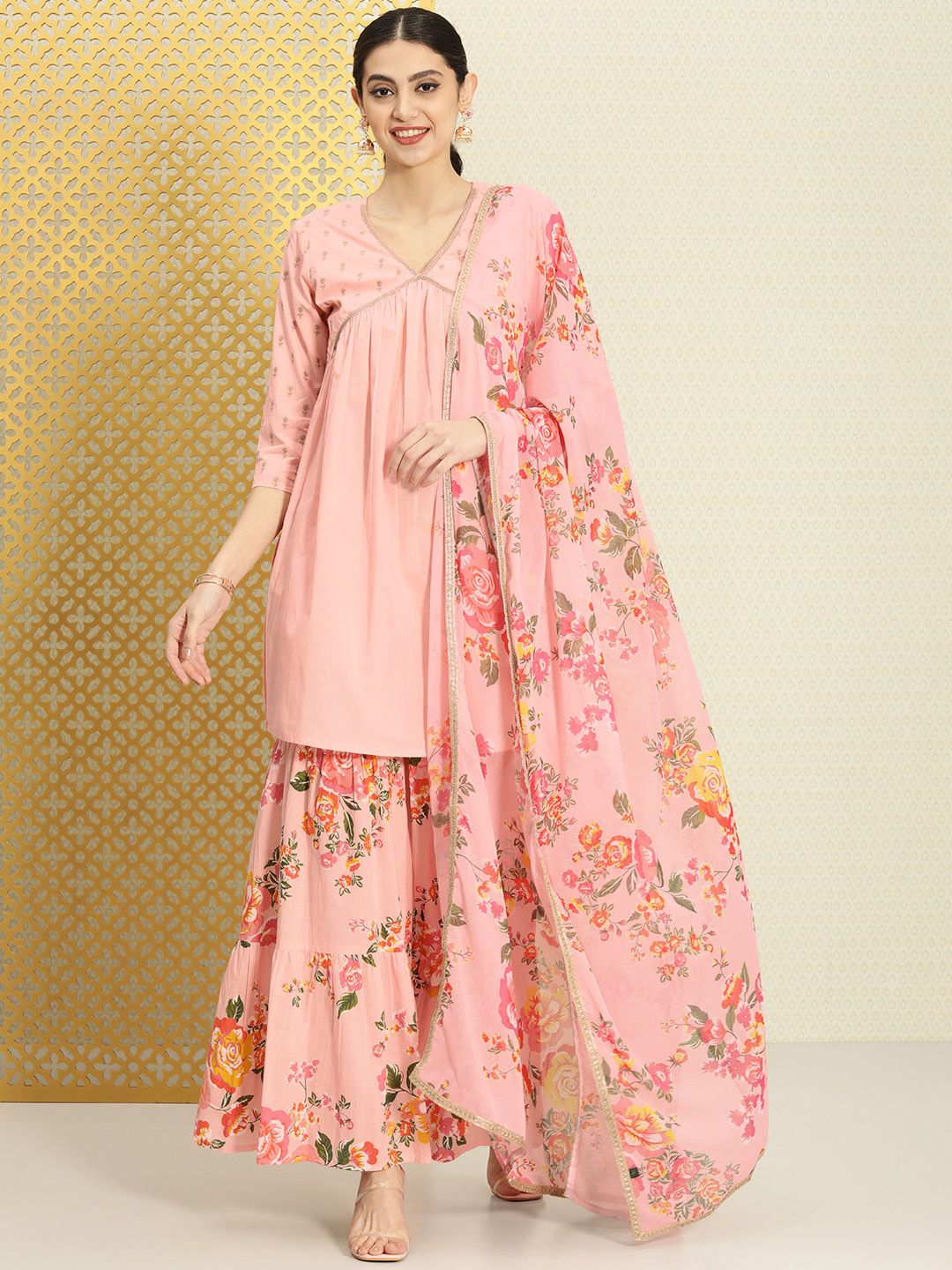 Dhiyona PD Women Women Pure Cotton Floral Empire Jashn Kurta with Sharara & Dupatta