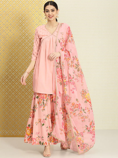 Dhiyona PD Women Women Pure Cotton Floral Empire Jashn Kurta with Sharara & Dupatta