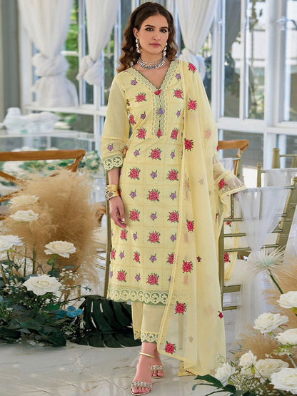 Floral Embroidered V-Neck Pure Cotton Straight Kurta With Trousers & Dupatta