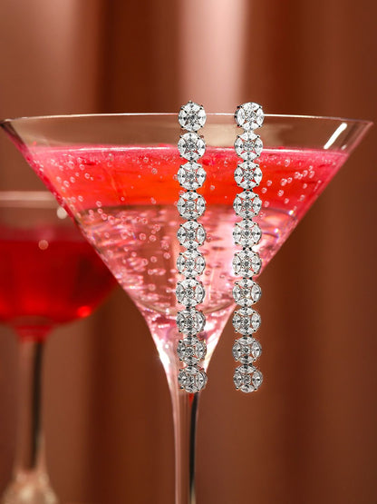 Dhiyona RJ Women's Rhodium Plated in Silver Toned Zirconia Studded Contemporary Long Drop Earrings