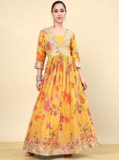 Dhiyona SO Women's Women Floral Embroidered Pleated Sequinned Kurta with Churidar & With Dupatta