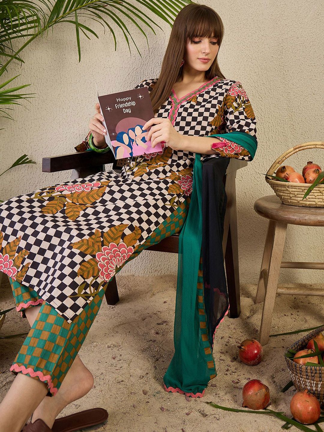 Adults-Women Checked Cotton Kurta with Trousers & Dupatta