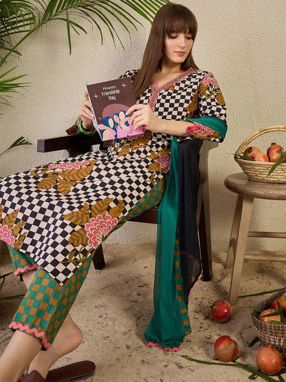 Adults-Women Checked Cotton Kurta with Trousers & Dupatta