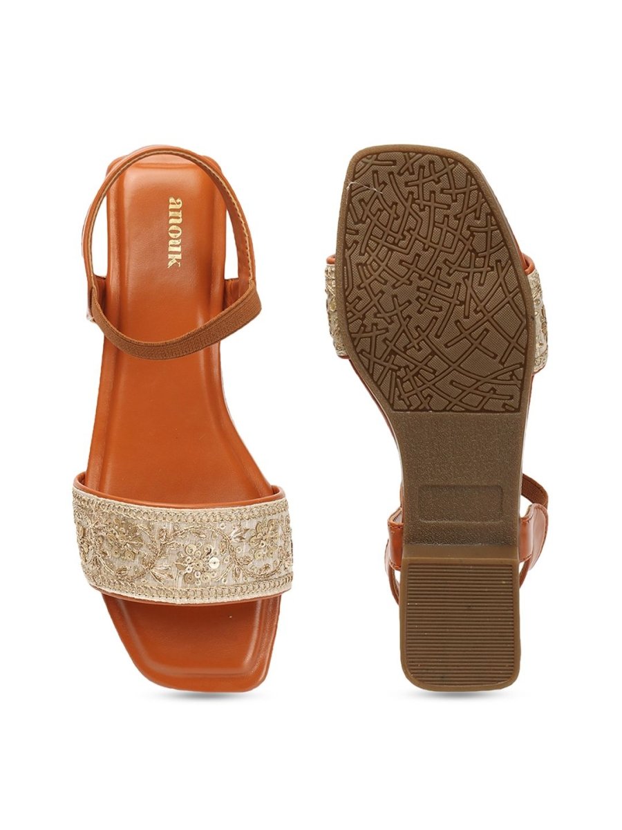 Dhiyona AK Tan Brown & Gold-Toned Embroidered Open Toe Flats