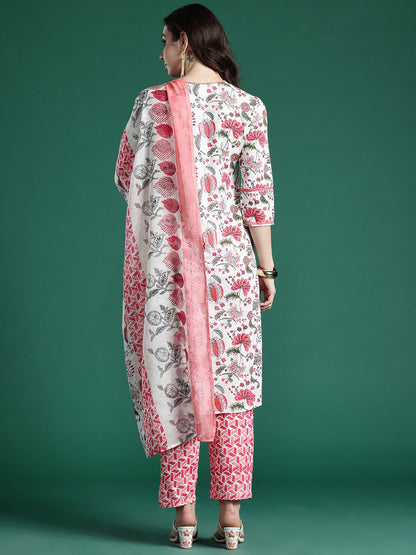 Dhiyona IE Floral Printed Pure Cotton Kurta with Trousers & Dupatta