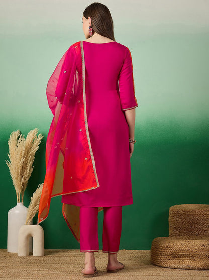 Dhiyona SN Women's Notch Neck Embroidered Straight Kurta With Trouser & Dupatta Set