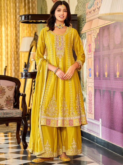 Dhiyona IE Floral Embroidered Mirror Work Round Neck Anarkali Kurta With Palazzos & Dupatta