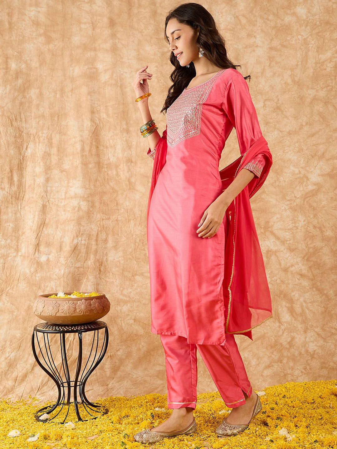 Dhiyona IE Floral Yoke Design Straight Sequinned Kurta with Trousers & Dupatta