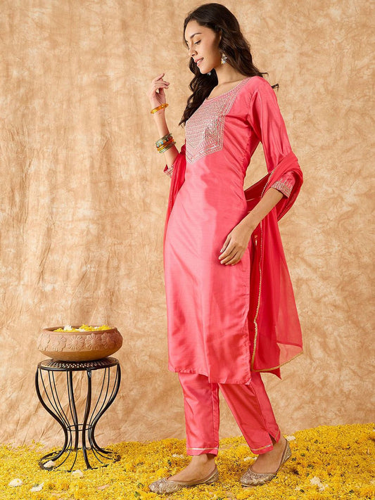 Dhiyona IE Floral Yoke Design Straight Sequinned Kurta with Trousers & Dupatta