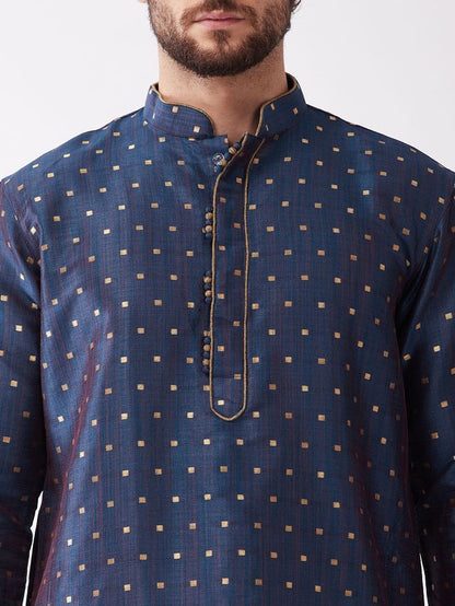 Men's Blue Silk Blend Straight Kurta and Dhoti Set