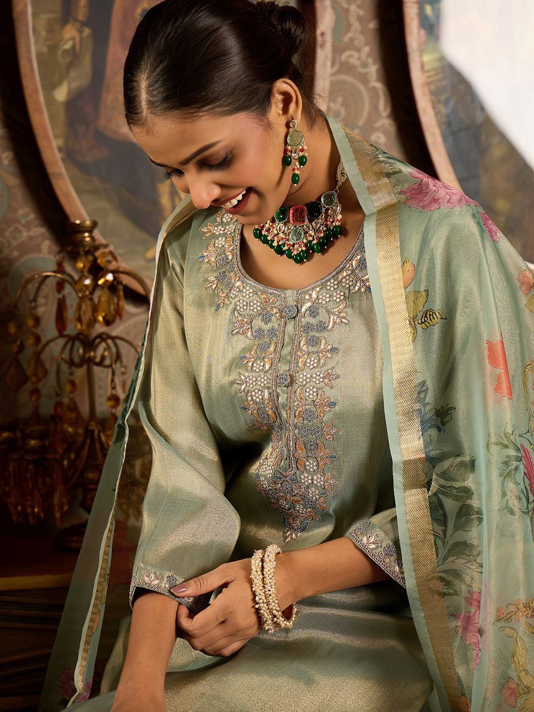 Dhiyona IE Ethnic Motifs Embroidered Zari Liva Kurta With Trousers & Dupatta