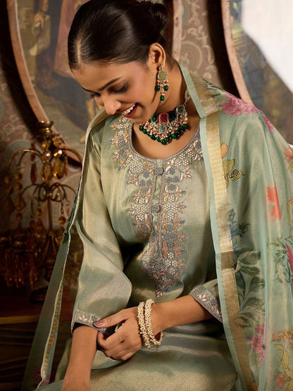 Dhiyona IE Ethnic Motifs Embroidered Zari Liva Kurta With Trousers & Dupatta