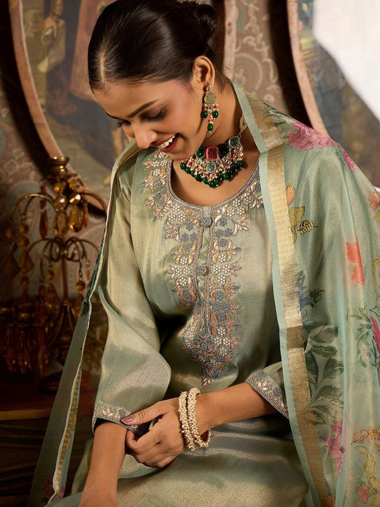 Dhiyona IE Ethnic Motifs Embroidered Zari Liva Kurta With Trousers & Dupatta