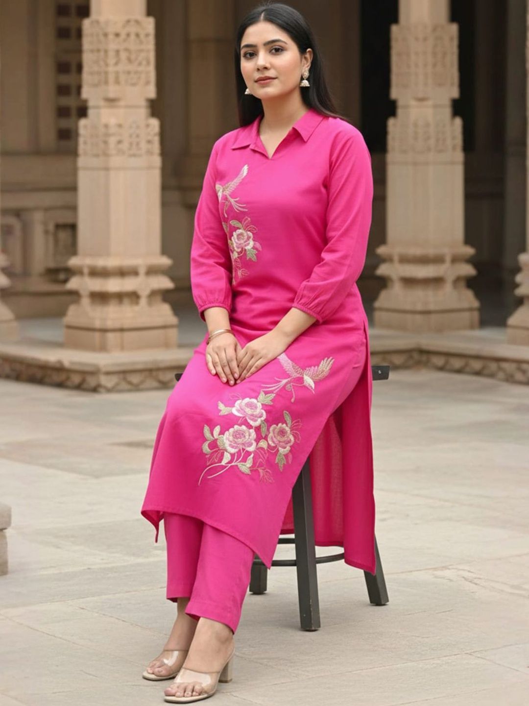 Dhiyona IE Women Floral Embroidered Regular Thread Work Pure Cotton Kurta with Trousers