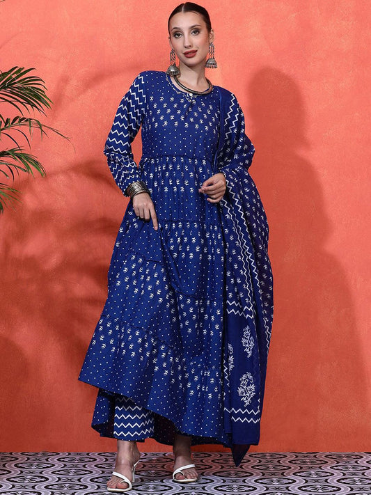 Dhiyona SN Women's Floral Printed Pure Cotton A-Line Kurta & Trousers With Dupatta