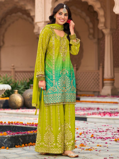 Floral Embroidered Zari Straight Kurti With Palazzos And Dupatta