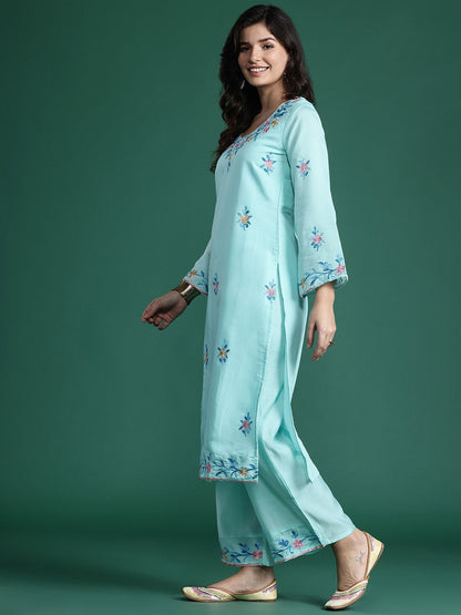 Dhiyona IE Floral Embroidered Thread Work Kurta with Trousers & With Dupatta