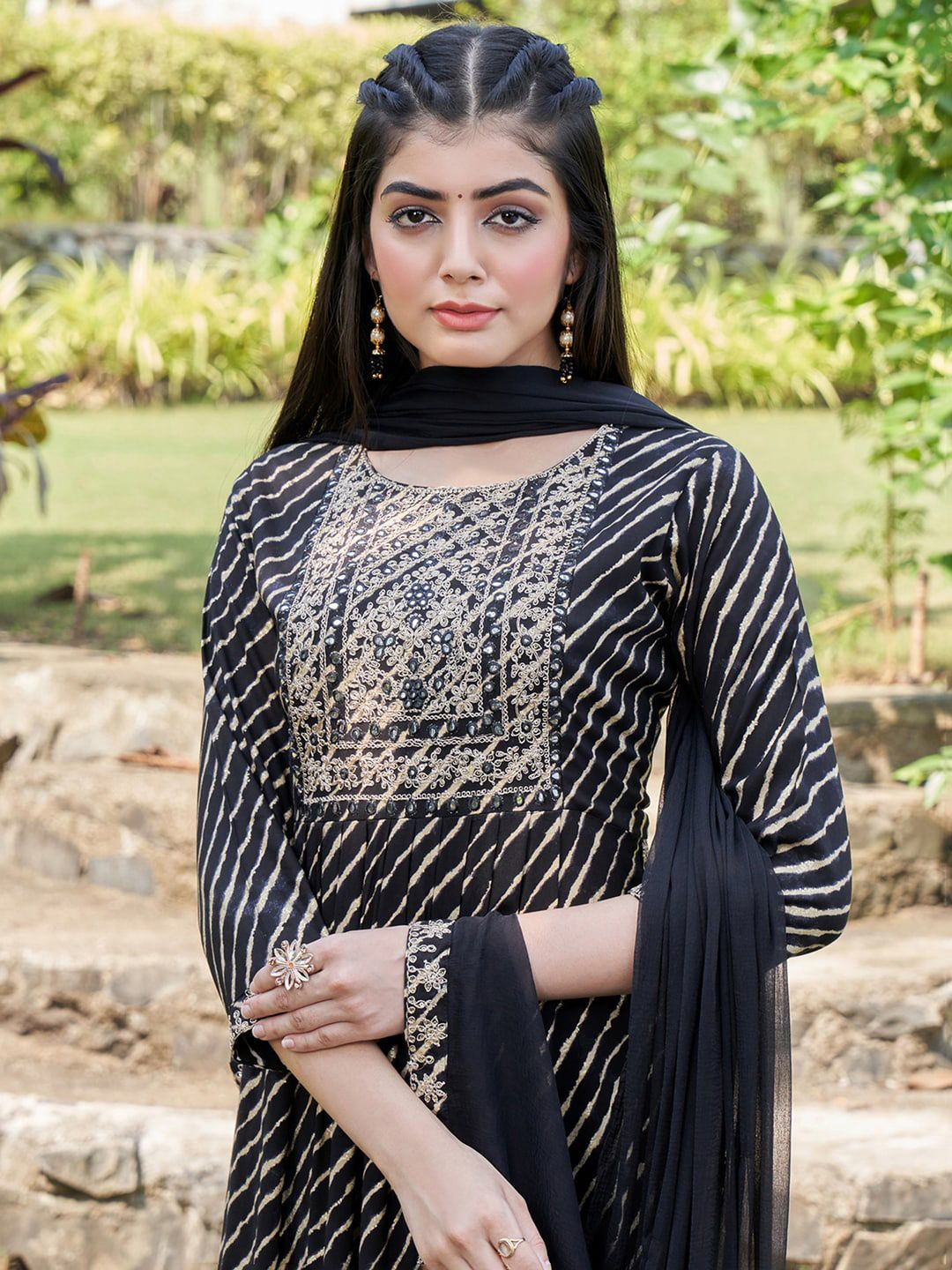 Dhiyona IE Black Leheriya Printed Mirror Work A-Line Kurta & Trousers & With Dupatta